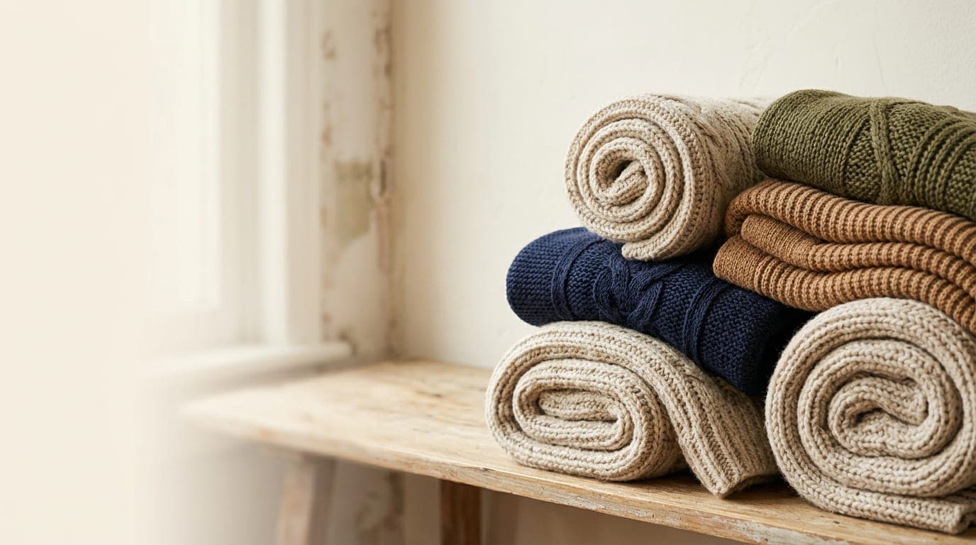 Rolled knit fabrics in tan, navy, olive and oatmeal