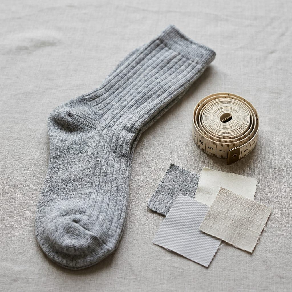 Hands holding a grey knit sock