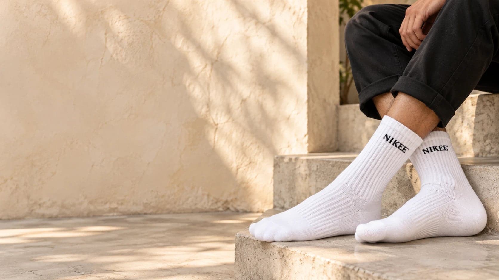 White ribbed crew socks with the NIKEE mark, worn on a concrete step
