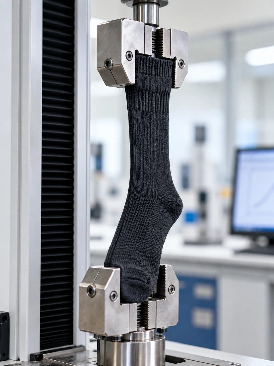 Sock mounted on a fabric testing machine